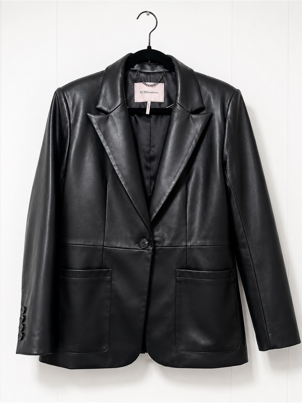 BCBG Maxazria Vegan Leather Coat Blazer Womens Size L Black